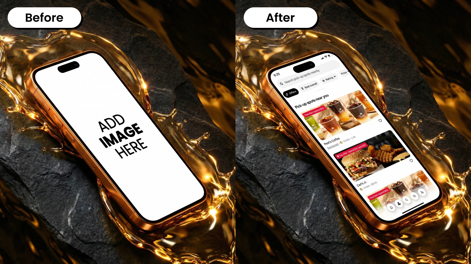 Before and after mockup of a phone on a rock with liquid gold accents